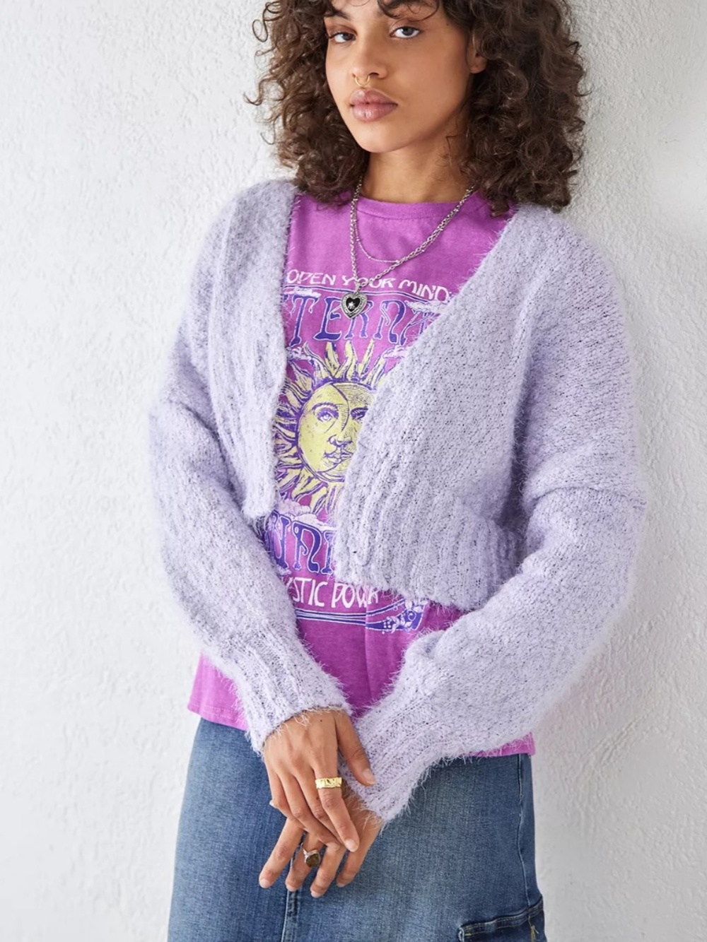 NWT Urban Outfitters Elise Cropped Fuzzy Cardigan In Light Grey